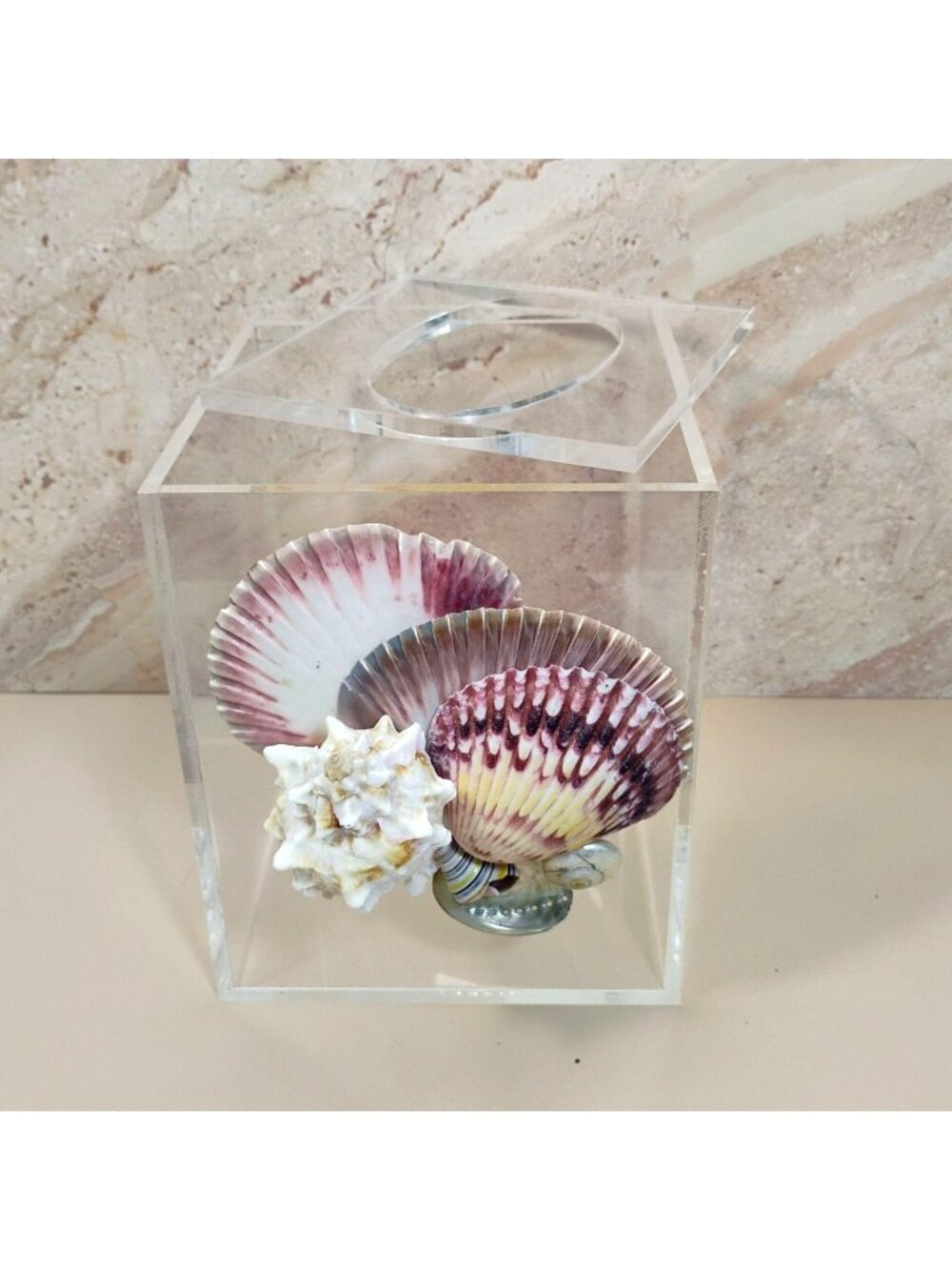 Vtg Clear Acrylic Tissue Box Cover Holder Sea Shells Walt Disney Company